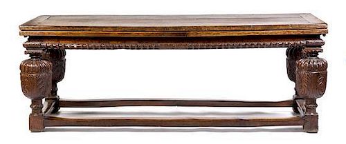 An English Oak Draw-Leaf Refectory Table Heigh 33 x width 92 1/2 x depth 36 inches (closed).