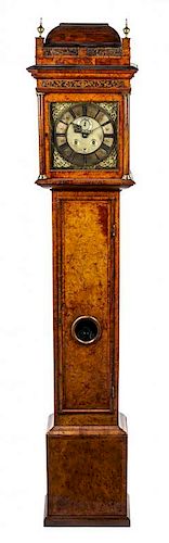 An English Burlwood Tall Case Clock Height 94 inches.