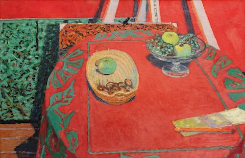 Maurice Brianchon, oil, still life with red rug