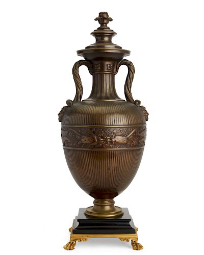 A Continental bronze urn now as a lamp