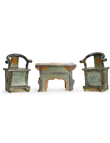 A Chinese miniature table and two  armchairs