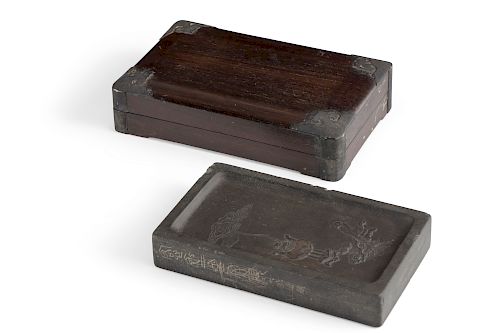 A Chinese ink stone and hardwood boxQing Dynasty