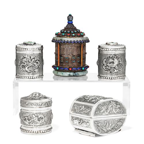 Five Asian silver and metalware table boxes