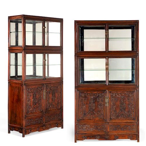 Pair of Chinese carved hardwood display cabinets