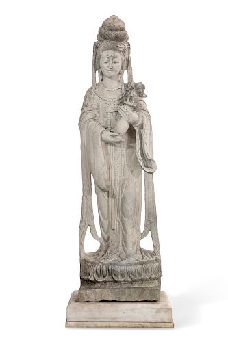 A Chinese carved marble figure of Guanyin