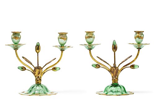 Pair of Venetian green glass two light candelabra