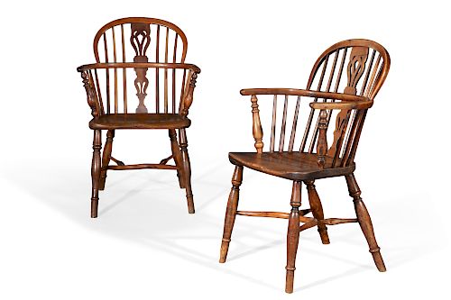 Pair of George III elm and yew Windsor armchairs