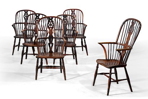 Six George III elm & mixed wood Windsor armchairs