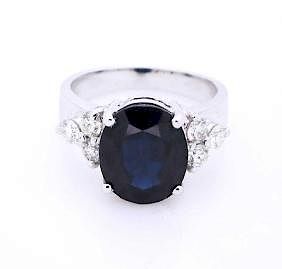 18K Gold Diamond Dark Blue Sapphire Ring