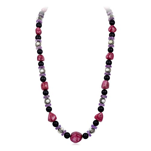 A Multi-Colored Gemstone and Cultured Pearl Bead Necklace
