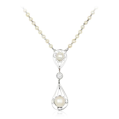 Victorian A&C Feldenheimer Natural Pearl and Diamond Necklace