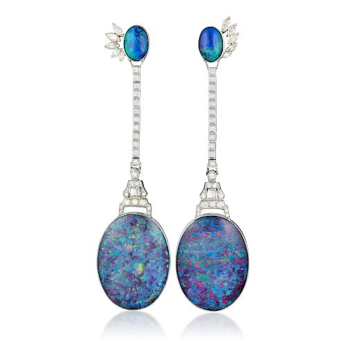 An Impressive Pair of Black Opal and Diamond Earrings
