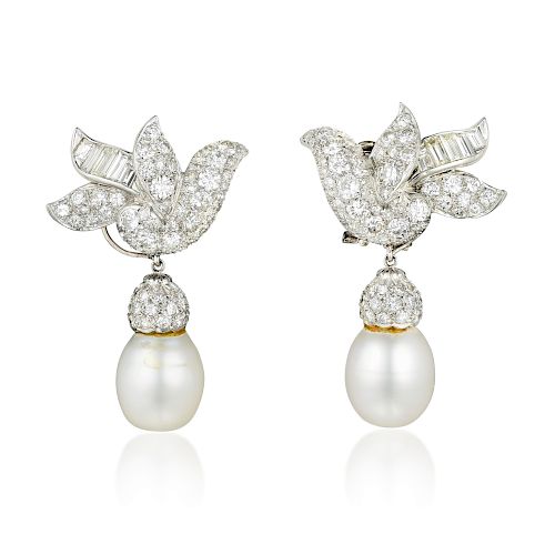 A Pair of Day/Night Diamond and Pearl Drop Earrings