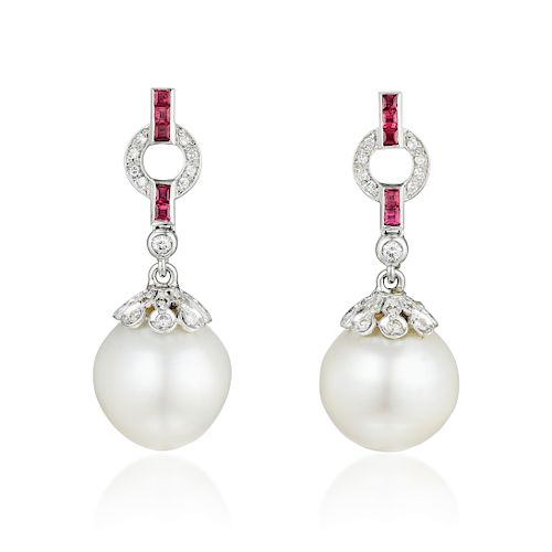 Zydo Ruby Cultured Pearl and Diamond Earrings