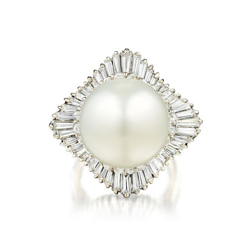 A Cultured Pearl and Diamond Ballerina Ring