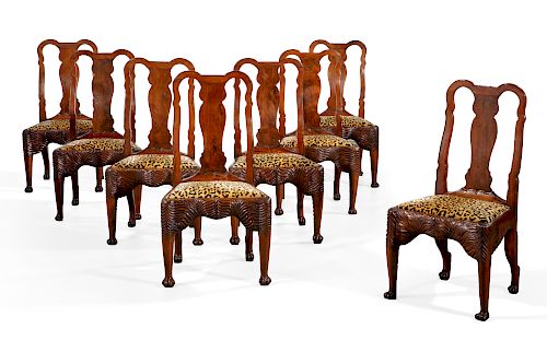Eight Irish George II yew wood side chairs, 18th C