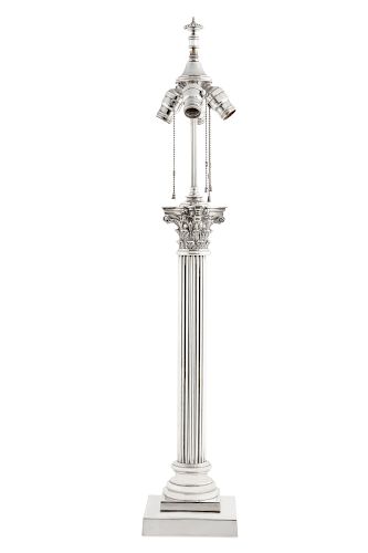 A large silverplate Corinthian column table lamp