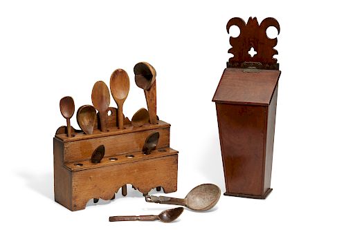 An English spoon rack, spoons & knife box