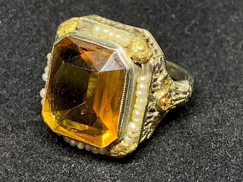 Citrine and Seed Pearl Ring, ca. 1920's