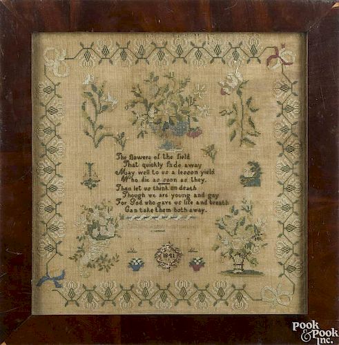 New Jersey silk on linen sampler, dated 1841, wrought by Mary Jane Carpenter, 17'' x 16 1/2''.