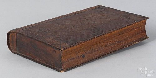 Maine carved book-form trick box, 19th c., the front reads M. Doyle