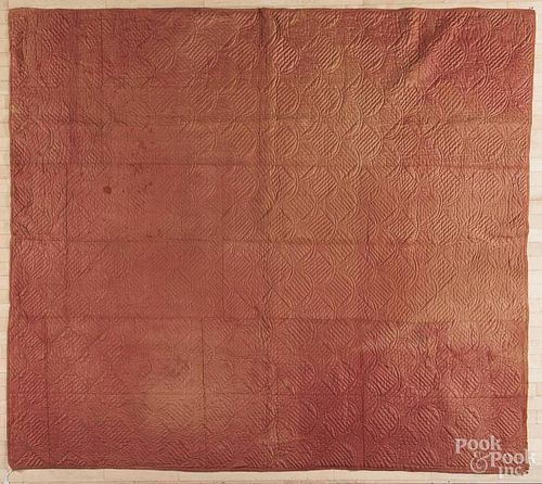 New England red linsey woolsey coverlet, late 18th c., stitched in corner MS, 96'' x 82''.