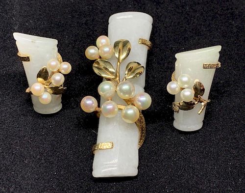 Carved White Jade Earrings and Brooch