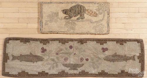 American hooked rug with a fish and flower basket, 18'' x 67'', together with another of a beaver