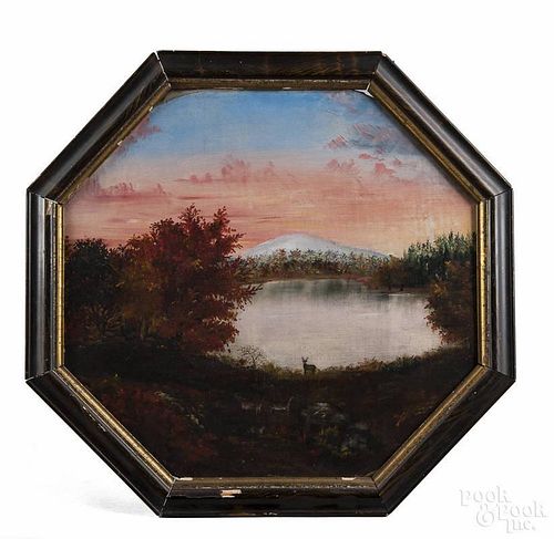 American octagonal oil on canvas primitive landscape, late 19th c., with deer by a lake