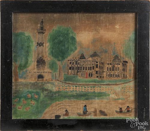 Oil on velvet theorem of the Washington Monument and Baltimore Exchange, 19th c., 14 1/2'' x 17''.