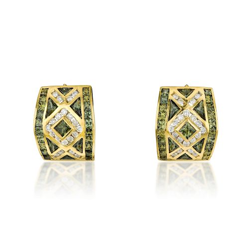 A Pair of Green Sapphire and Diamond Earrings