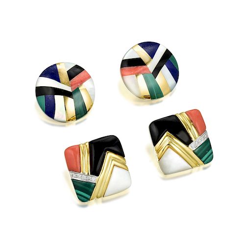 A Group of Asch Grossbardt Multi-Colored Gemstone Inlay Earclips