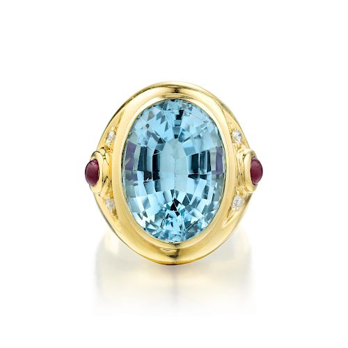 A Topaz Ruby and Diamond Ring