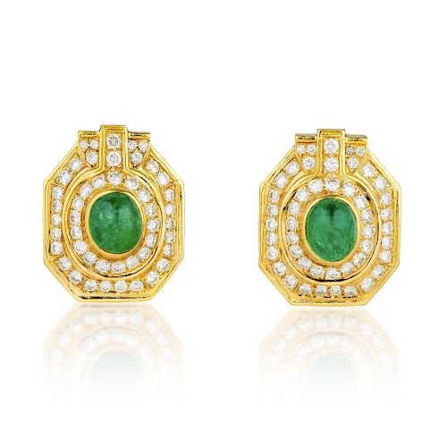 A Pair of Emerald and Diamond Earclips