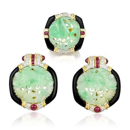 A Jade Onyx Ruby and Diamond Ring and Earclips Set