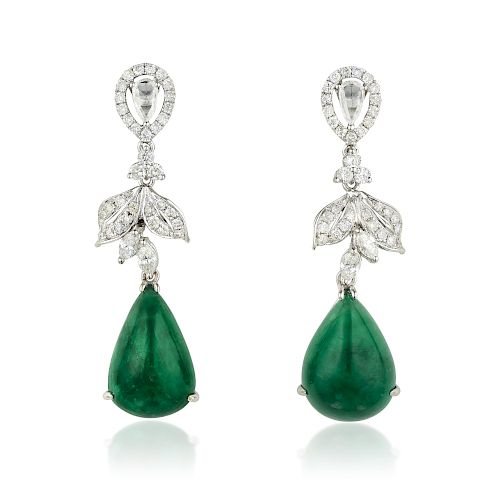 A Pair of Emerald and Diamond Earrings