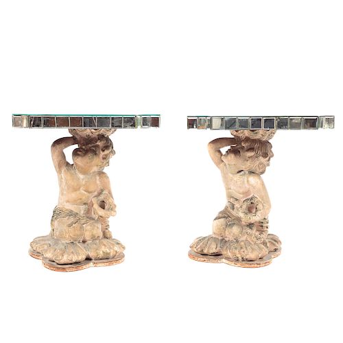 Pair Figural & Mirrored Top Side Tables