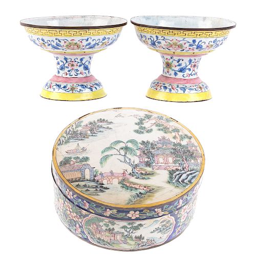 Chinese Canton Enamel Box & Pair Compotes