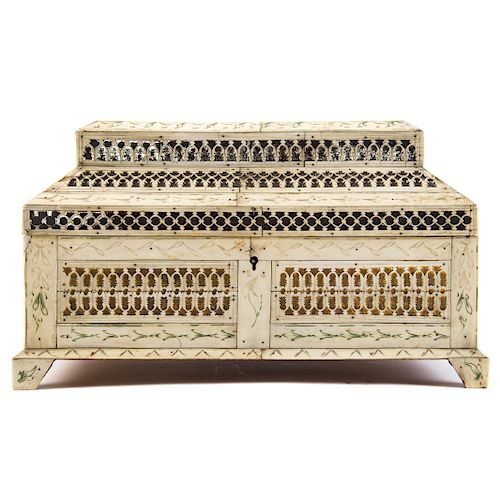 Russian Carved Bone and Wood Jewelry Casket