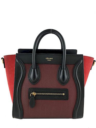 Celine Calfskin Leather and Suede Tricolor Nano Luggage Tote Bag 