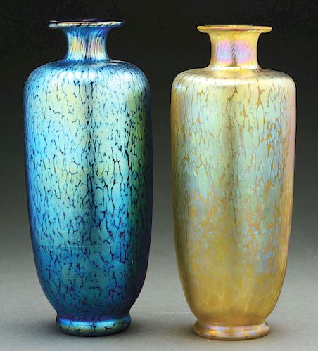 Loetz Cobalt And Gold Papillon Vases.
