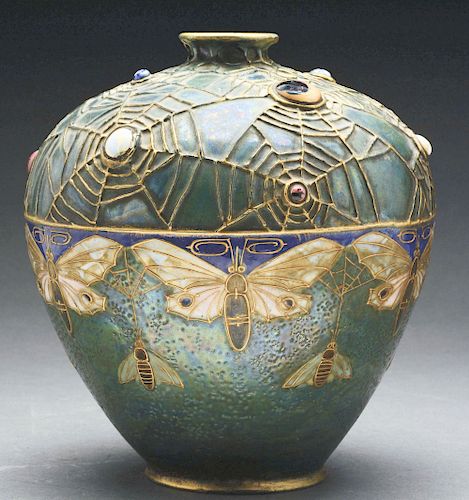 Amphora Pottery Jeweled Semiramis Moth Vase. 