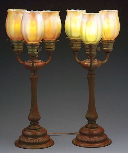 Tiffany Studios Newel Post Table Lamps with Tulip Shades.