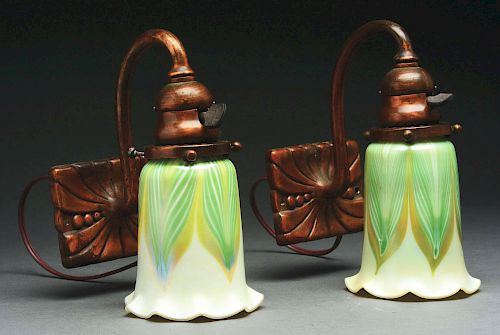 Tiffany Studios Sconces Pulled-Feather Shades.