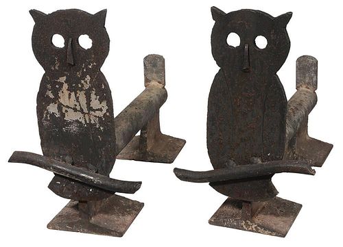 Pair Owl-Form Iron Andirons