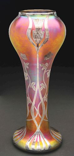 Quezal Silver Overlay Vase. 