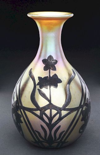 Quezal Silver Overlay Vase.