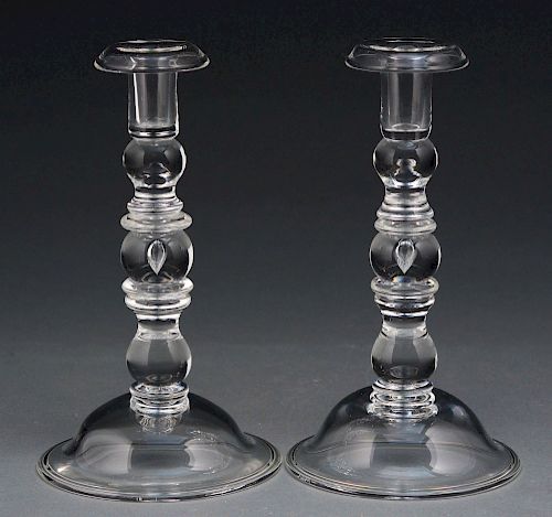 Pair of Steuben Candlestick Holders with Box.