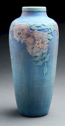 Sadie Irving, Newcomb College Pottery Vase With Wild Roses. 