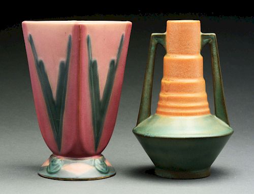 Lot of 2: Roseville Pottery Futura Telescope & Victory Vases. 